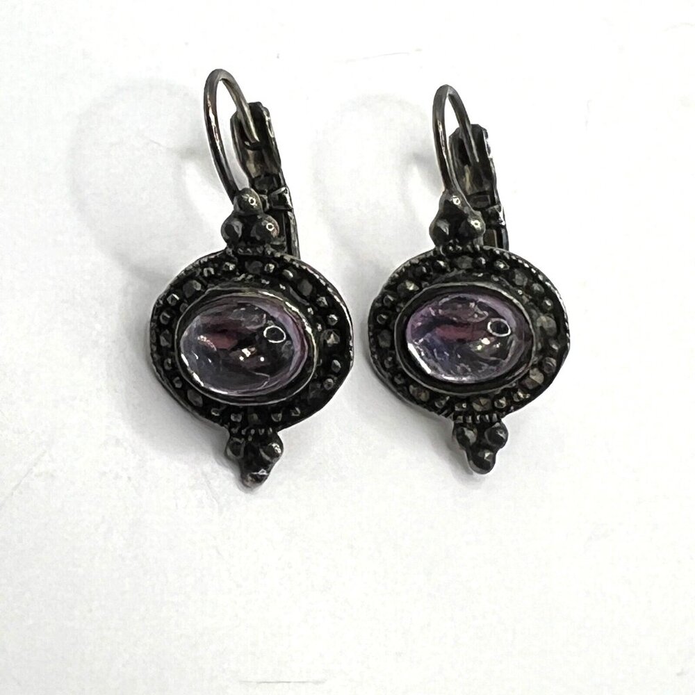 Vintage‎ Pierced Earrings Silver Tone Marcasite Purple Glass Stone